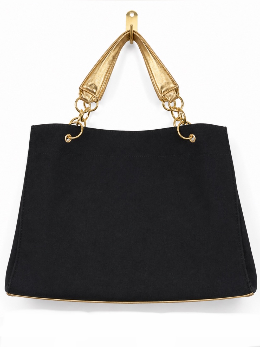 Black Tote Bag with Gold Chain Handles and Gold Bottom